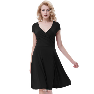 Belle Poque Mujer Casual Negro Cap manga V-cuello Alto Stretchy A-Line vestido BP000314-1